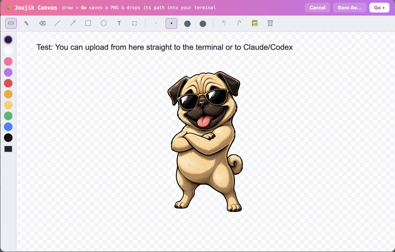 The in-app drawing canvas open over the terminal, with a sketch and the pink-purple Joujik toolbar